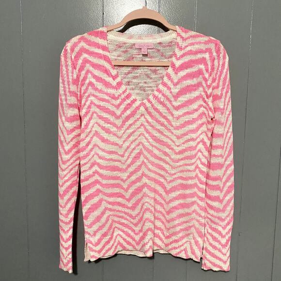 Lilly Pulitzer Edie Tropical Pin Zebron Pink V-neck Lightweight Preppy Sweater S - Picture 1 of 7